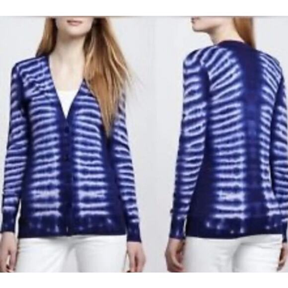Tory Burch Blue Stripe Tiger Tie Dye Combo Pat Cardigan Small Preppy Coastal - Picture 10 of 10
